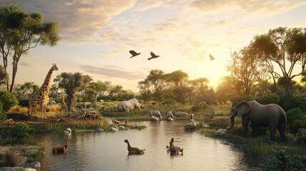 African Wildlife Panorama: Majestic Giraffes, Elephants, and Rhinos in a Serene Savanna