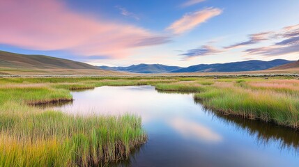 Serene Mountain Meadow at Dawn: A Peaceful Landscape Painting