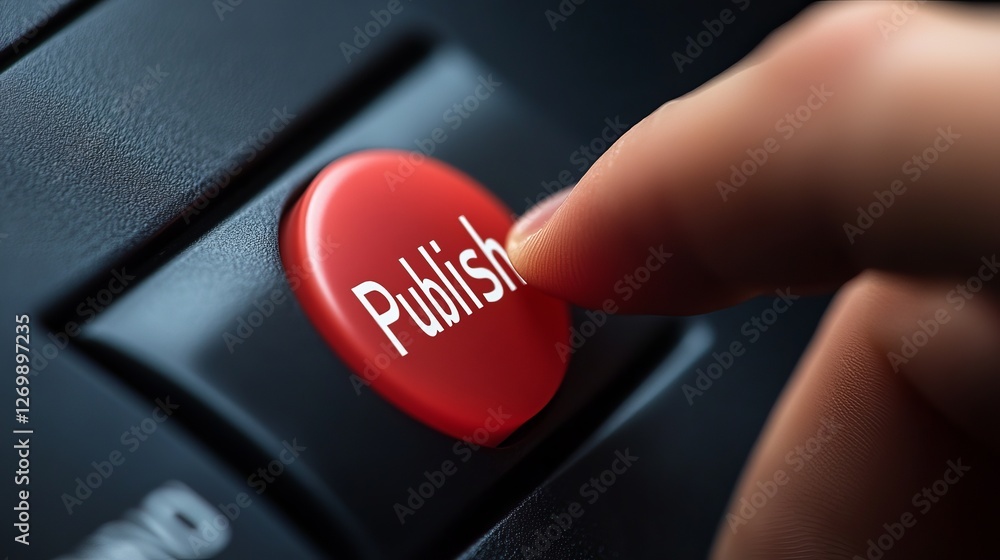 Poster red publish button finger press digital technology online media internet website application softwar