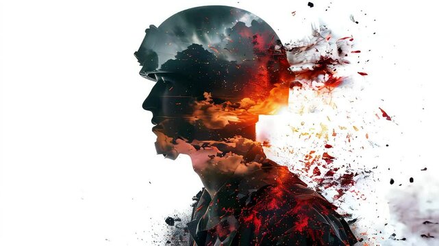 Video of soldier in a war zone, with a helmet on his head. Soldier amidst the smoke. Concept of war, conflict and inner turmoil