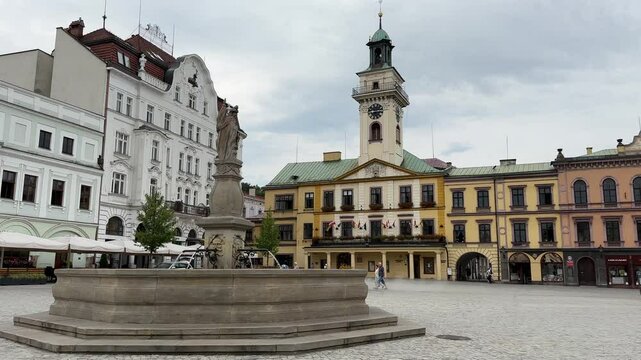 Cieszyn, Poland. Cieszyn square with water fountain and clock tower, Rynek Cesky Tesin twin town, Česk&yacute; Tě&scaron;&iacute;n