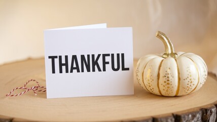Thankful greeting card displayed with a decorative pumpkin on wood