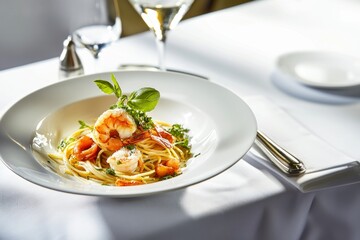 The plate of fettuccine pasta with octopus and seafood in a creamy white wine sauce, garnished with fresh greens and Parmesan. 
