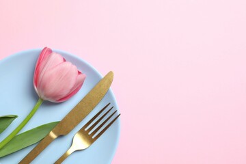 Beautiful fresh tulip with blue plate and cutlery on color background