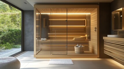 A wooden sauna inside a modern bathroom, creating a private wellness retreat.