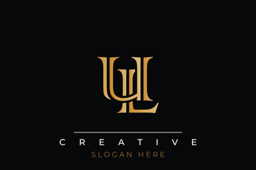 Sophisticated gold UL monogram logo on a sleek black background, ideal for branding, creative design, and luxurious themes.