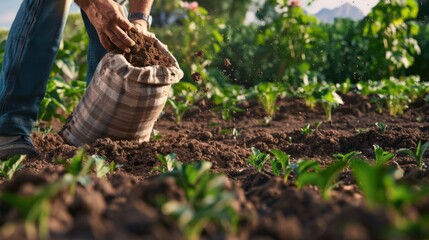 Fototapeta premium Gardener or farmer applying soil amendments