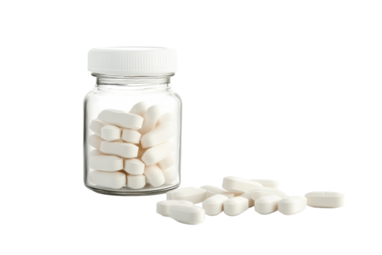 Clear glass jar filled with white tablets on a minimalistic background during a calm afternoon isolated on transparent background - Powered by Adobe