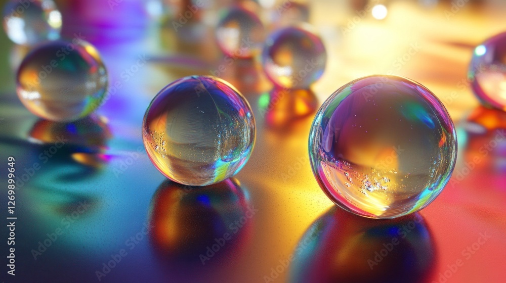 Poster Water droplets scatter light on a sleek, reflective surface, creating vibrant patterns and refractions that dance with color