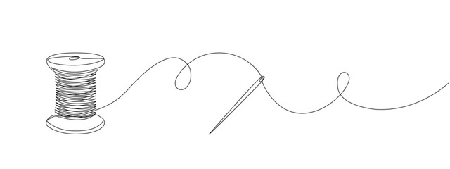 Continuous drawing of one editable line of thread spool and sewing needle.   Sewing accessories icon for needlework and tailor , in simple linear style.  Vector illustration.