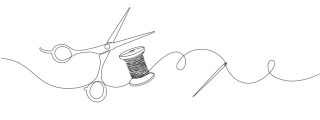 Continuous drawing of one editable line of scissors, thread spool and sewing needle.   Sewing accessories icon for needlework and tailor , in simple linear style.  Vector illustration.