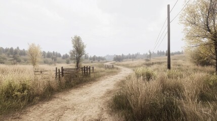 Fototapeta premium Country Road Through Golden Fields on a Cloudy Day. Possible Use Stock photo for nature, travel, or rural scene