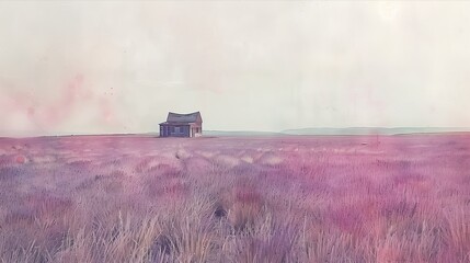 Fototapeta premium A serene landscape featuring a distant house amidst a colorful, dreamy field.