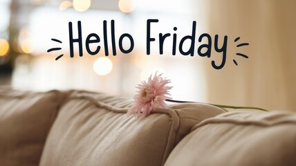 Hello friday greeting with pink flower on beige couch
