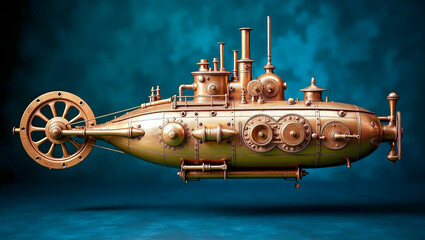 A detailed Victorian submarine made of brass, featuring rotating gears, periscopes, and a massive propeller at the back