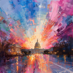 Obraz premium A majestic and awe-inspiring image of the United States Capitol Building. The building should be captured from a perspective that highlights its grandeur and architectural details. The sky could be c