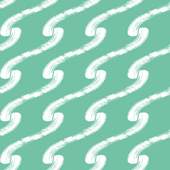 Seamless pattern featuring hand-drawn ink doodles with flowing, curved strokes on a green background, resembling stylized waves. 