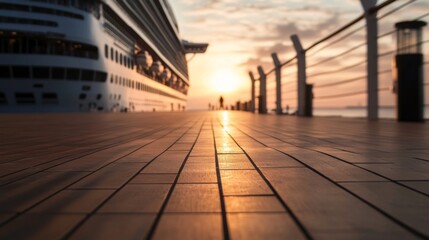 Cruise ship docks at sunrise. Wooden boardwalk. People walking. Peaceful morning. Stock photo