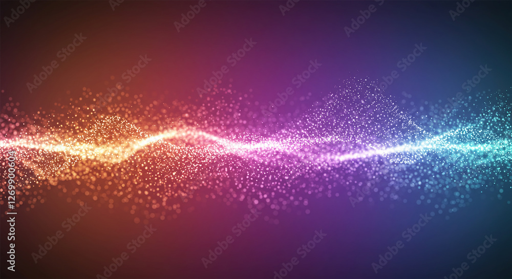 Poster abstract colorful digital particles wave with bokeh and light background, 3d render wave line dot ba