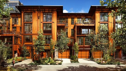 Fototapeta premium Brown wood townhouses exterior with people, trees, and greenery in a neighborhood. Real estate