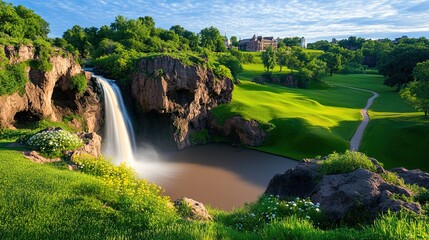 Waterfall cascading into a pond near a golf course