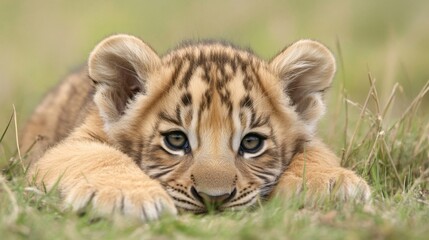 Obraz premium Cute tiger cub resting in grass. Possible use Children's book illustration