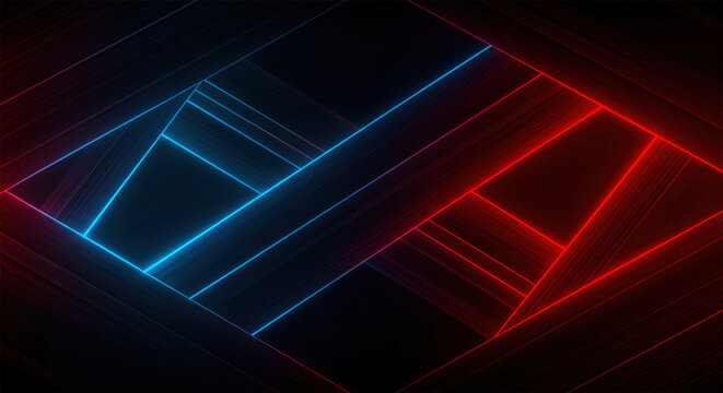 Abstract black stripes with blue red neon glowing light. Vector technology banner design