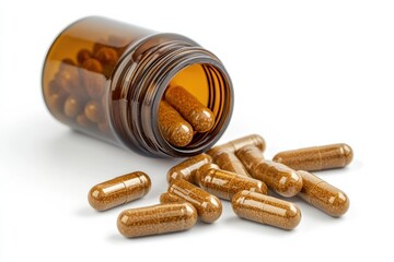Golden dietary supplements spilling from a brown glass bottle on a clean surface isolated on transparent background