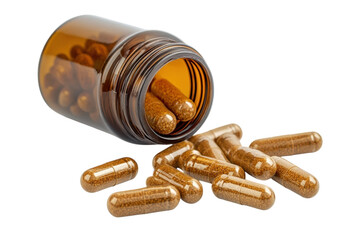 Golden dietary supplements spilling from a brown glass bottle on a clean surface isolated on transparent background