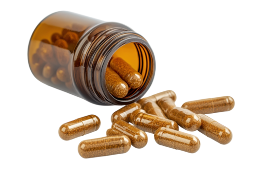 Golden dietary supplements spilling from a brown glass bottle on a clean surface isolated on transparent background
