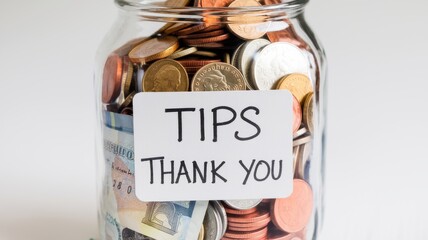 Jar full of coins and bills with tips thank you