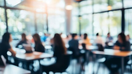 Corporate Seminar Blur: A blurred background of a corporate seminar or training session in a conference hall, with attendees. 