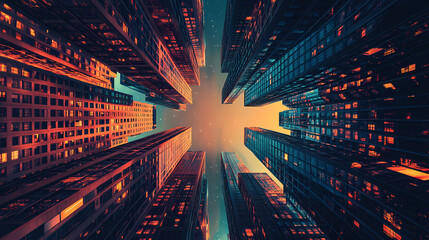 Surreal kaleidoscopic view of towering buildings. Mirrored Infinity Towers. Illustration