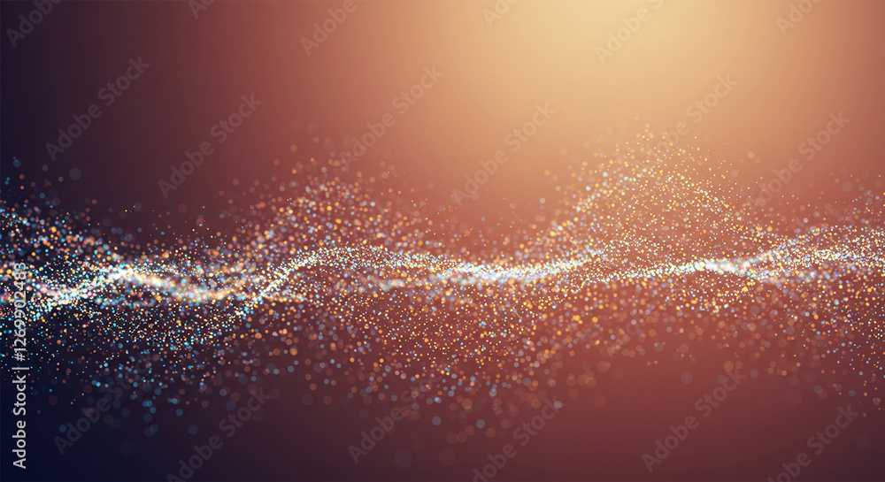 Poster abstract colorful digital particles wave with bokeh and light background, 3d render wave line dot ba