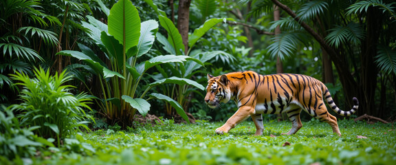 Majestic tiger walking gracefully through lush tropical greenery, embodying the significance of wildlife conservation