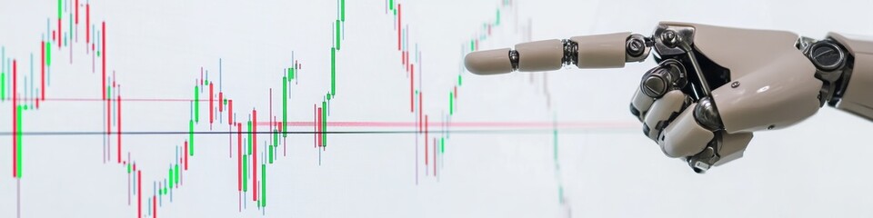 Robot Mechanical Hand Pointing at Abstract Graphs, Charts on a LinkedIn Banner with copy space, Background, Sketched, Android Hand, AI Generated