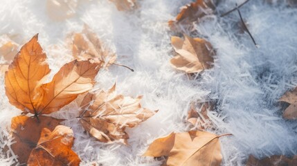 Autumn fallen maple leaves covered in snow. Neural network ai generated