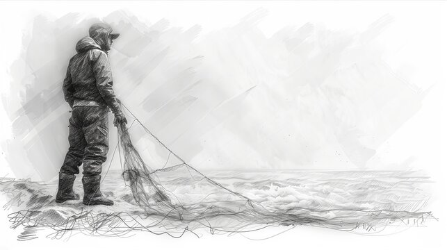 A solitary fisherman casting his net into the vast ocean, captured in a sketch style. - Powered by Adobe