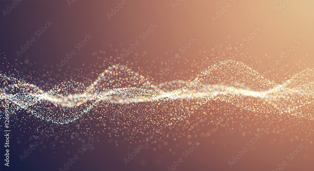 Poster abstract colorful digital particles wave with bokeh and light background, 3d render wave line dot ba