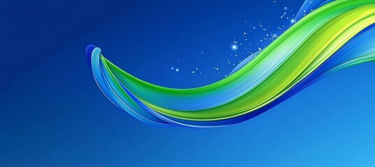 Abstract Swirling Wave of Emerald Green and Cyan Light with Scattered Particles on Blue Background