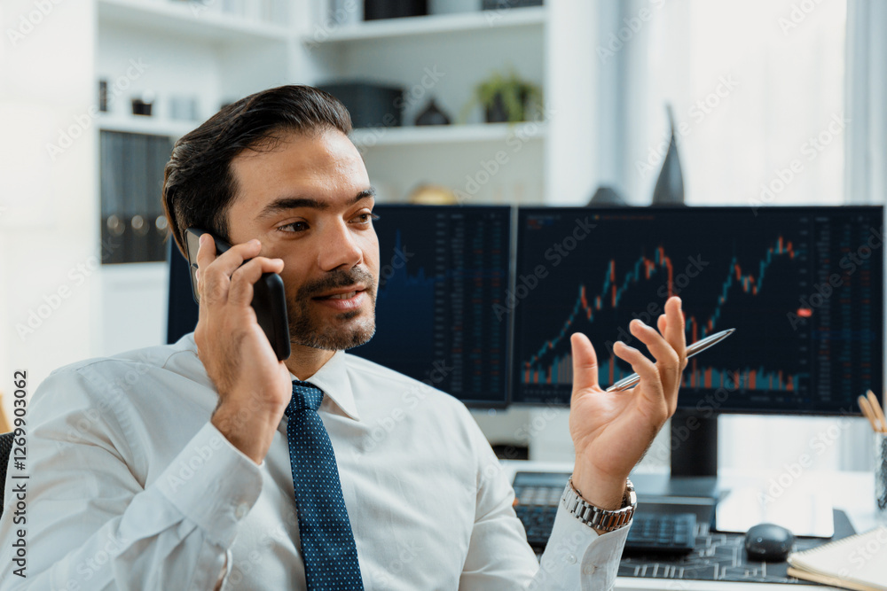 Poster trader businessman calling to consultant or partner with two stock exchange investment, compare data