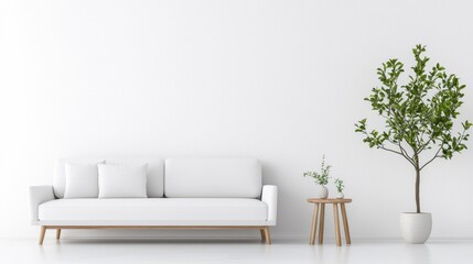 Fototapeta premium Minimalist white sofa stands beside a potted green plant and wooden side table in a bright modern living room background.