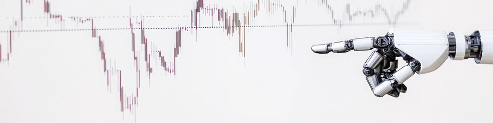 Robot Mechanical Hand Pointing at Abstract Graphs, Charts on a LinkedIn Banner with copy space, Background, Sketched, Android Hand, AI Generated