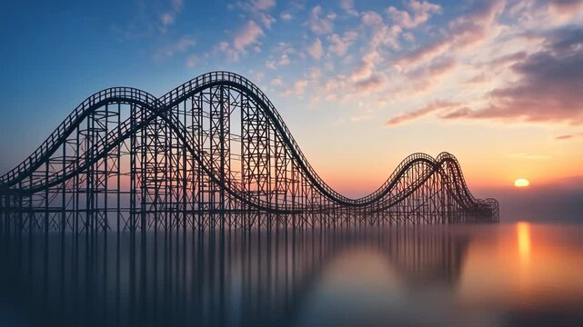 A roller coaster silhouette against a colorful sunset over calm waters.