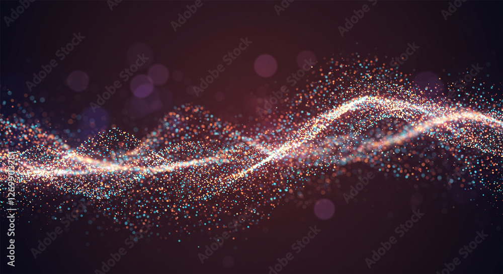 Poster abstract colorful digital particles wave with bokeh and light background, 3d render wave line dot ba