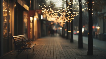 Evening city street with lights and benches.  Possible use Stock photo for backgrounds, advertisements