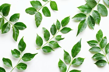 Fototapeta premium Vibrant green leaves arranged artistically on a light background showcasing nature's beauty isolated on transparent background