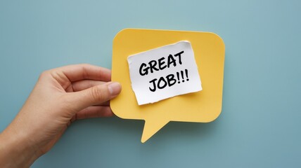 Hand holding yellow speech bubble with great job note