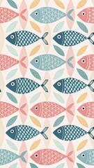 Colorful Stylized Fish Pattern With Intricate Details In A Seamless Design. Ideal For Textile Prints, Coastal Decor, And Nautical-Themed Branding. Perfect For Summer And Beach-Inspired Designs...