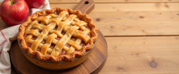 Apple pie with a golden lattice crust on a wooden surface surrounded by fresh apples conveying a warm and inviting feel ideal for Pi Day celebrations
